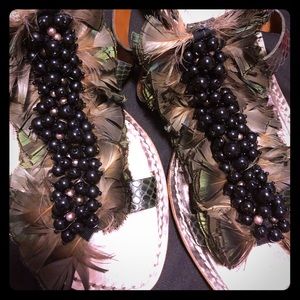 SALE!!!! Beautiful leather, beaded sandals with feathers.